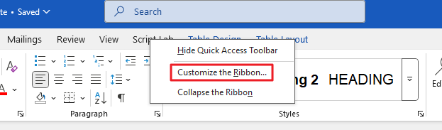 Screenshot of the Customize the Ribbon option