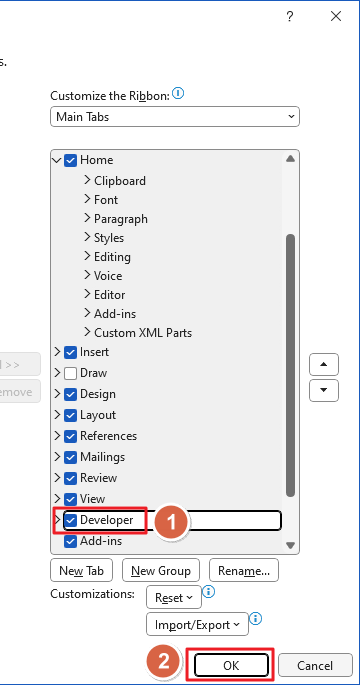 Screenshot showing the Developer tab checkbox selection