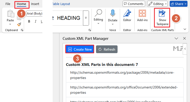 Screenshot of Show Taskpane button in Custom XML Parts group
