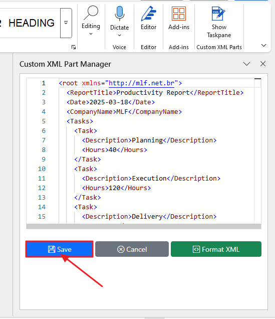 Screenshot of XML template editor in the Taskpane