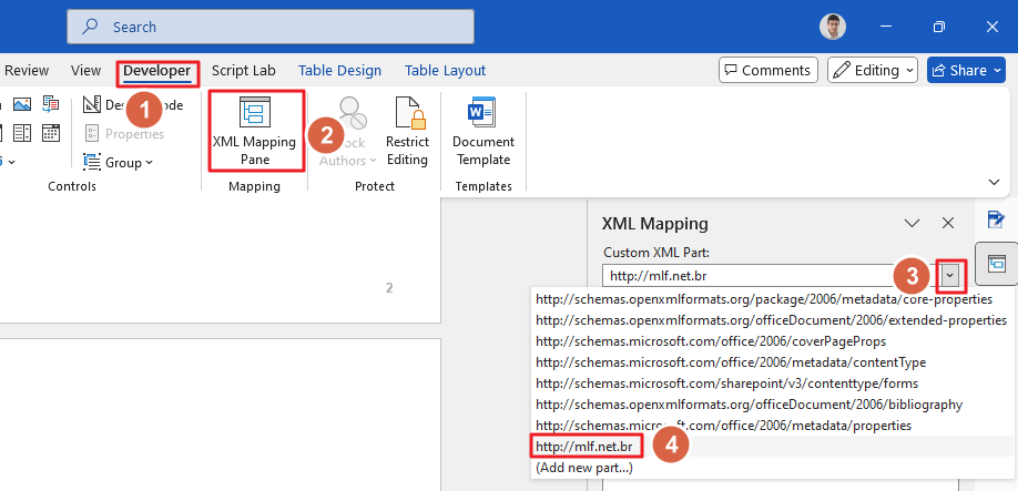 Screenshot of XML Mapping Pane with XML Part dropdown