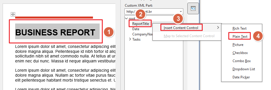 Screenshot of Insert Content Control option in XML Mapping Pane