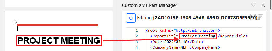 Screenshot of Custom XML Part Manager Taskpane displaying XML content